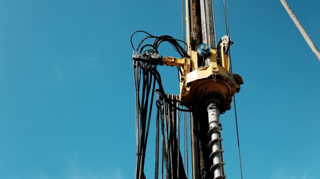 Construction drilling rig with auger against blue sky. Close-up of hydraulic rotary head, cables and industrial drilling equipment. Low angle technical shot of foundation drilling machinery.