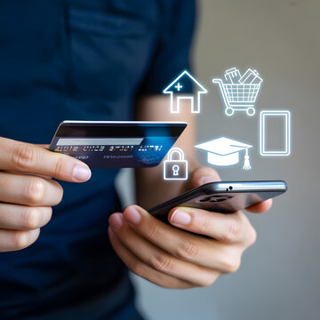  Digital payments and mobile banking concept with card swipe and smartphone transaction security icons