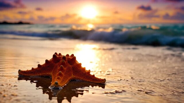 starfish on the beach at sunset.