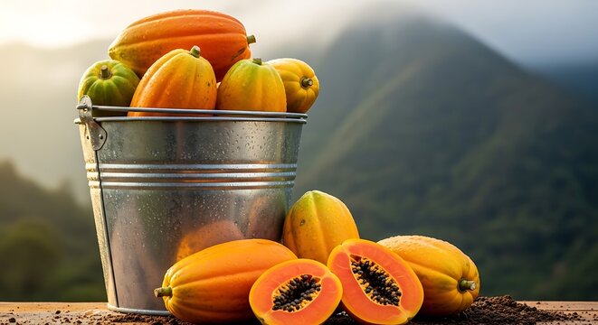 A metal bucket overflowing with papayas sits on a wooden surface with mountains in the background and several papayas scattered around it.