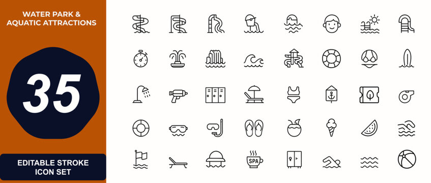 Water park and aquatic attractions web icons in line style. pool, beach, slides, lifebuoy, leisure, summer, recreation, travel, playground, amusement. Editable stroke. Vector illustration.
