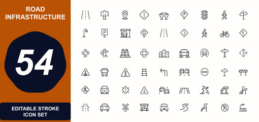 Road infrastructure web icons in line style. transportation, highway, bridge, traffic, pedestrian, navigation, crosswalk, urban streets, signage, tunnel, parking. Editable stroke. Vector illustration © JIm Studio
