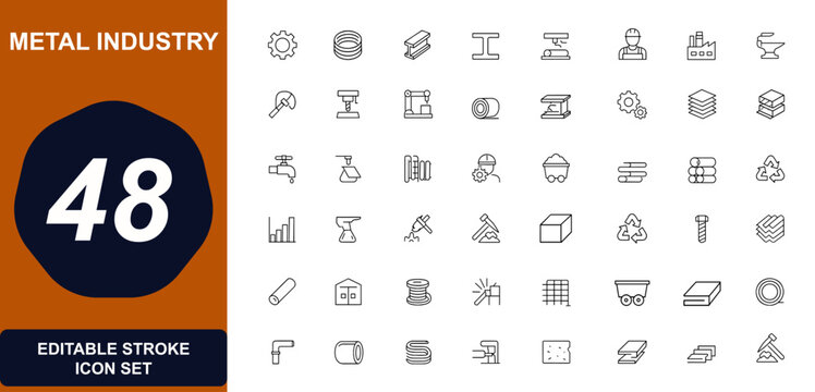 Steel and metal industry web icons in line style. aluminium, iron, machinery, manufacturing, construction, engineering, heavy equipment, factory, pipeline, metallurgy. Editable stroke. Vector.