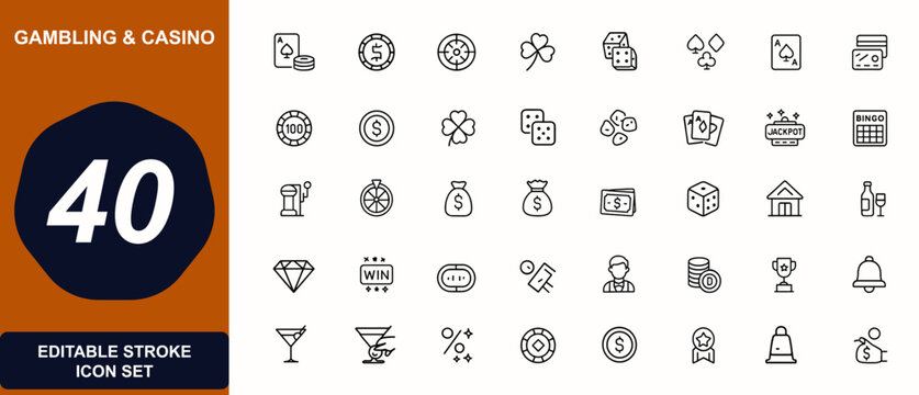 Casino gambling web icons in line style. poker, roulette, slot, jackpot, dice, chips, cards, betting, money, entertainment. Editable stroke. Vector illustration.