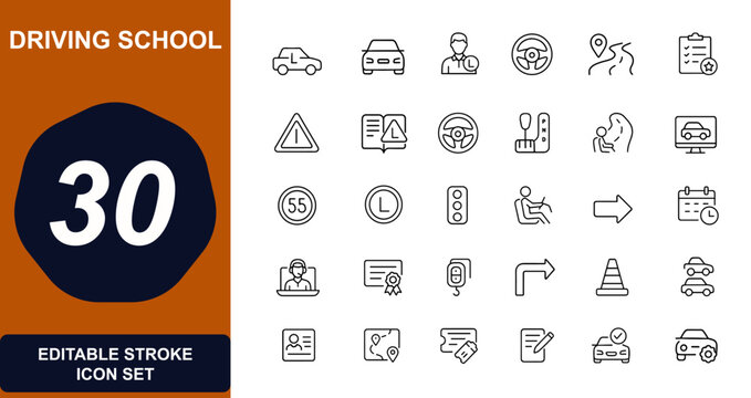 Driving school web icons in line style. automobile, instructor, learner, license, traffic, exam, classroom, steering, gearbox, road rules. Editable stroke. Vector illustration.