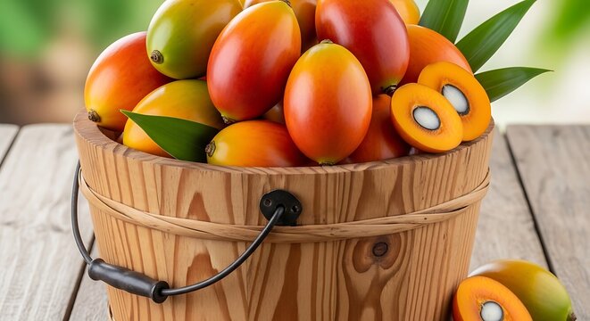 Fresh pupunha fruits in wooden bucket on rustic table outdoors