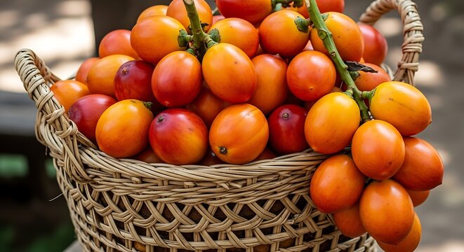 A vibrant basket overflowing with fresh naranjilla fruits on a sunny day outdoors.