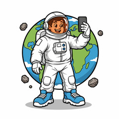 Obraz premium Cute Cartoon Astronaut Character Taking a Selfie with a Smartphone in Front of Earth and Asteroids