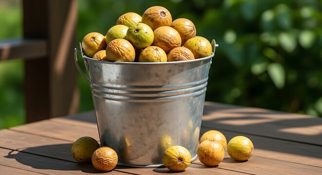 A metal bucket filled with fresh Namnam fruits sits on a wooden table outdoors.