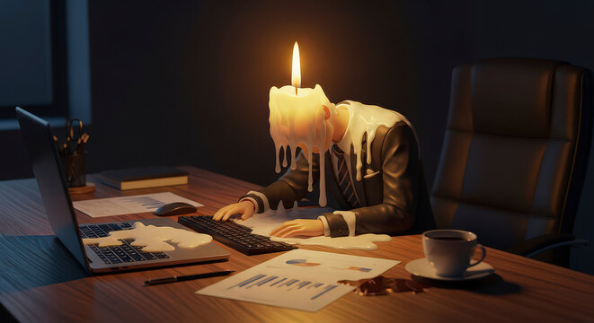 Stressed office worker personification as melting candle at desk with laptop symbolizing professional burnout and workplace exhaustion in dark setting.