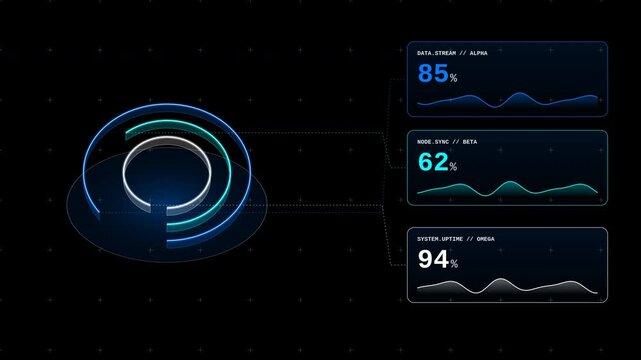 Futuristic digital interface with head up display data visualization and circular scanning elements in motion