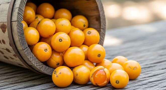 A wooden bucket spills a bounty of vibrant yellow-orange babaco fruits onto a rustic table.