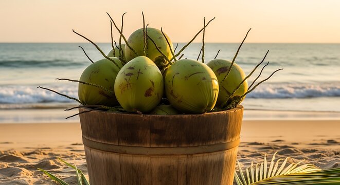 A wooden bucket filled with pulasan fruits on a serene beach at sunset