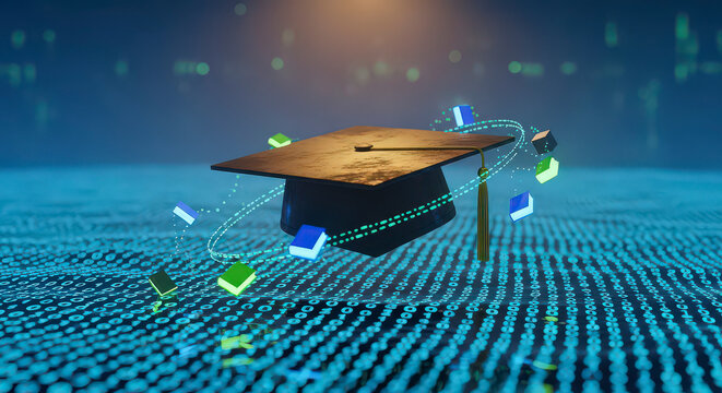 Graduation cap with glowing books and binary code background symbolizing online education and digital learning success for futuristic study concepts.