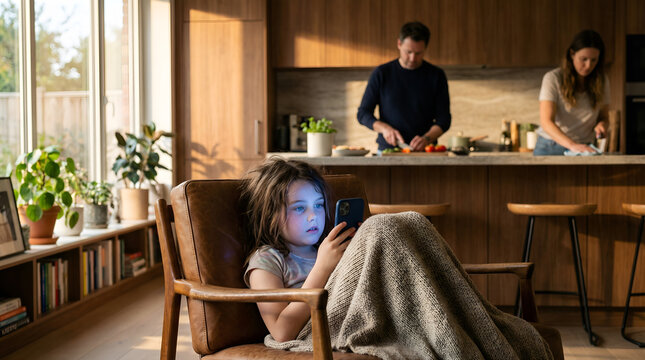 Little girl with kid brain rot phone hypnotized by screen in living room while parents work in kitchen for digital addiction and parenting concept