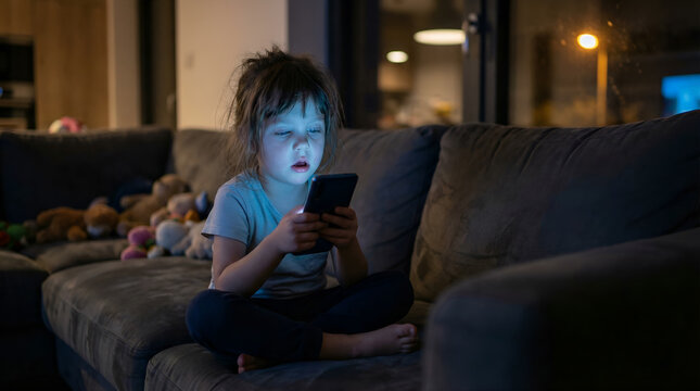 Little girl with kid brain rot phone hypnotized while sitting on sofa at night in dark living room for screen time and digital addiction concept