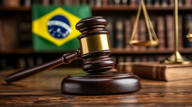 Brazil justice background with gavel and national flag banner