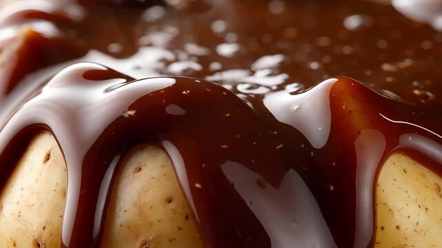Macro shot of thick brown meat gravy sauce flowing over cooked young potato