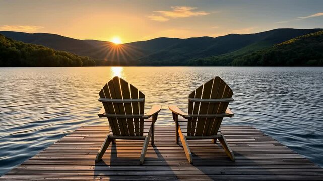 Peaceful lake sunset with golden reflections and two empty chairs by calm water in 4K