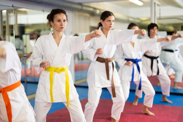 Group of women in kimonos train karate techniques in studio © JackF