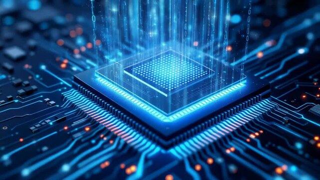Futuristic CPU chip powering up with vibrant blue data streams in stunning 4K cinematic animation