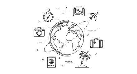 Obraz premium Travel and adventure icons around globe.