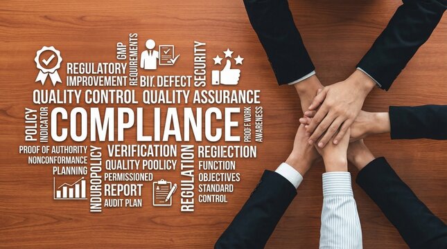 Business team collaboratively ensuring industrial compliance and robust cybersecurity measures for operational excellence.