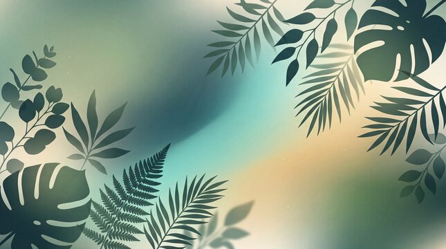 Botanical background with various tropical leaf silhouettes on a soft gradient, creating a serene natural design.