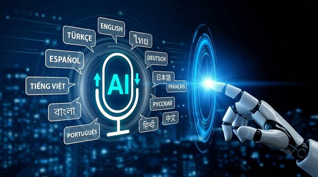 AI-powered language technology facilitating global communication with robotic assistance and seamless translation.