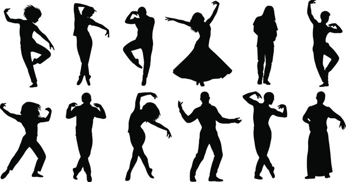 Professional dancers silhouettes in various rhythmic poses for performance art and music events theme.