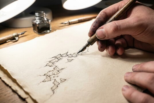 Dirty hands using a vintage metal dip pen to draw intricate cliff details on a parchment fantasy map
