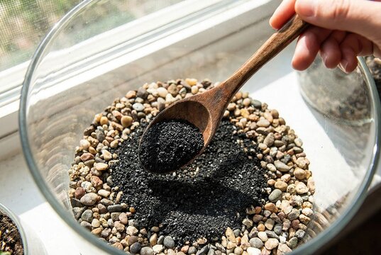 Hand using a wooden spoon to add a layer of black activated charcoal over pebbles in a glass terrarium