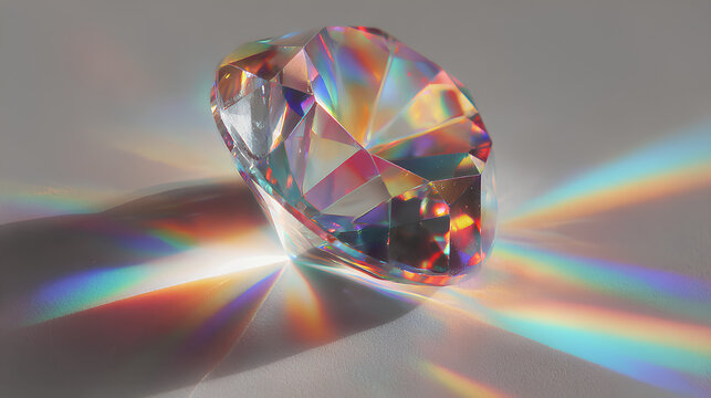 Neon crystal rainbow prism bends diamond light across glass glitter. Lens captures flare effect with soft glare and subtle sparkle. Radiant reflections enhance the spectrum.