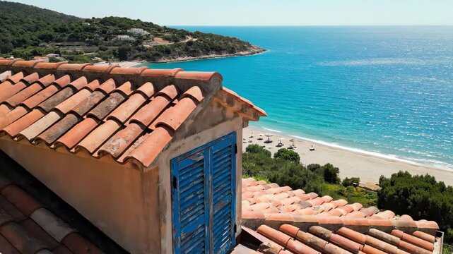 Terracotta rooftop overlooking crystalline sea with a small weathered dormer in vivid tones, sun-drenched island architecture, blue shutters beach feeling with breezy vacation perspective