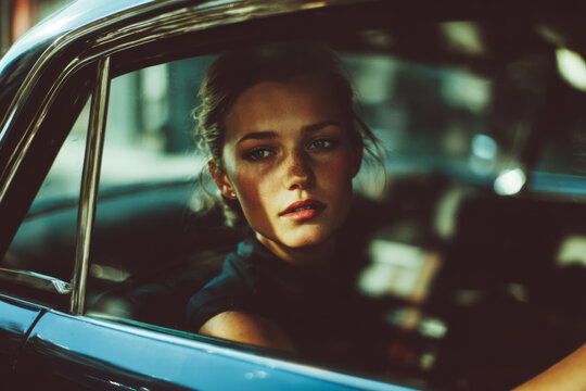 Young woman with freckles looking out car window with sunlight on her face