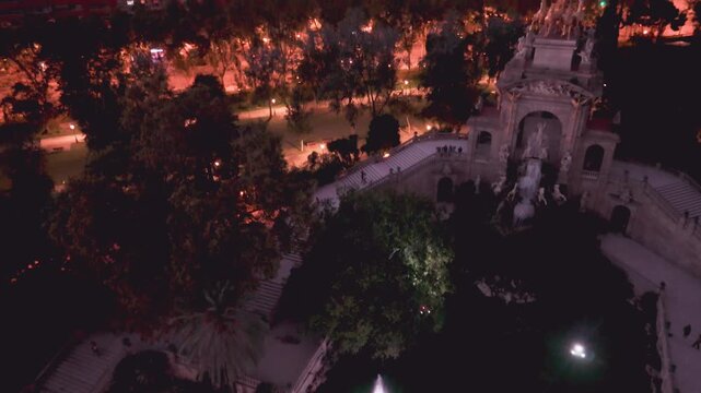 Aerial view of parc de la ciutadella and barcelona skyline at dusk