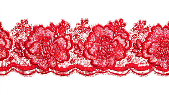 Red floral lace trim ribbon border isolated on white background, elegant decorative element for lingerie, wedding, Valentine and craft designs