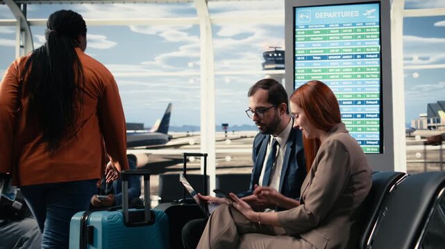 Business colleagues working near departure gate at an airport terminal, reviewing itinerary and boarding pass while waiting for airplane. CEO and consultant coordinating plans for business trip.
