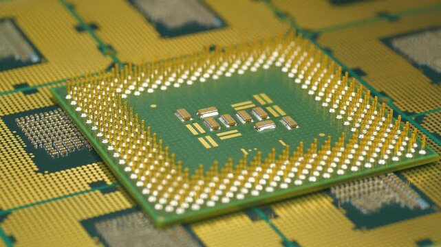 Central processing units for PC. Close view of CPU pins and contacts. CPU unit powering computer operations
