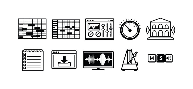 Collection of music production and audio editing icons for digital creativity