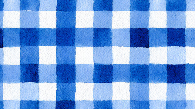 Seamless hand painted blue gingham check pattern with soft watercolor texture. Cute rustic plaid background perfect for fabric, wallpaper, packaging, stationery, kitchen and summer