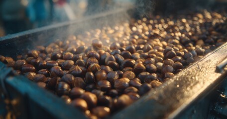 Fototapeta premium Fresh sweet chestnuts roasting in a large metal pan over an open fire with rising steam and warm golden hour sunlight creating a cozy winter holiday market atmosphere
