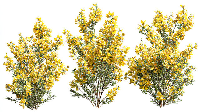 Set of 3 Genista scorpius (or Scorpion Broom) shrubs isolated on a white background background perfectly cutout Stock Illustration 