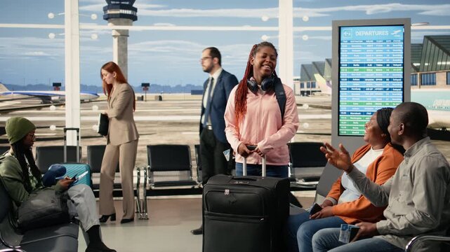 Happy teenage girl impatient and eager to leave on holiday, fidgeting and being excited about their vacation. Teenager with backpack agitated waiting to board plane, youth innocence.