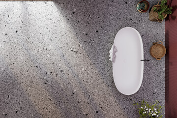 Top view of freestanding bathtub on terrazzo floor with copy space, 3D render