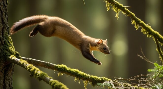 Agile Pine Marten Leaping Between Moss Covered Branches in Forest Sunlight.