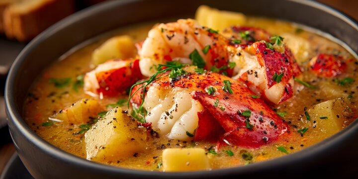 Creamy lobster bisque served in a dark ceramic bowl featuring succulent chunks of fresh seafood garnished with fresh green herbs and cracked black pepper for fine dining