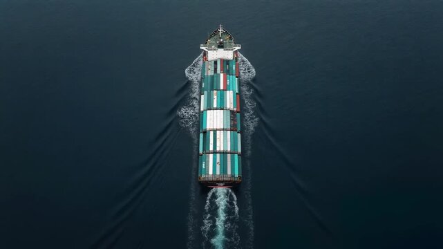 Large container ship sailing across calm deep blue ocean waters with gentle waves 4K footage
