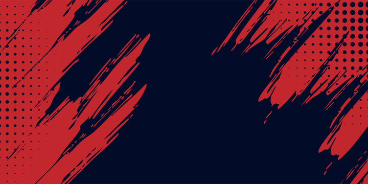 Abstract Red Grunge Brush Strokes on Navy Blue Background with Halftone Dot Pattern Eps 10