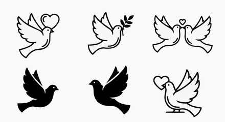 Obraz premium Six Doves icons in different poses, each representing peace, love, and unity. The collection includes various styles with unique symbolic elements